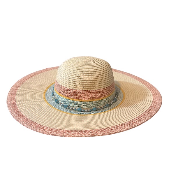 Royal Road Trading Company Turquoise Stone Beaded Band Straw Wide Brim Sun Hat - Picture 1 of 11